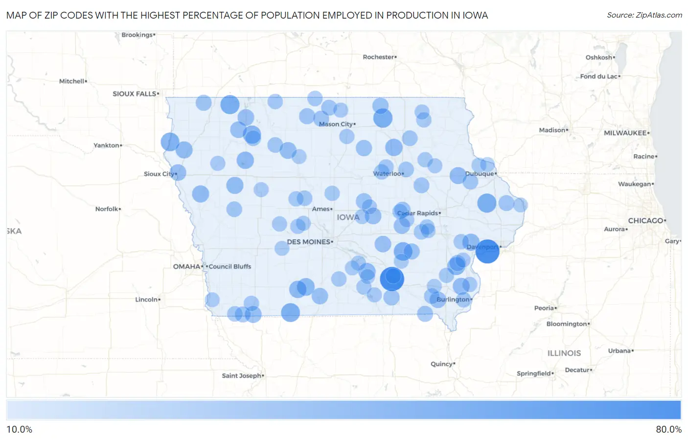 Zip Codes with the Highest Percentage of Population Employed in Production in Iowa Map