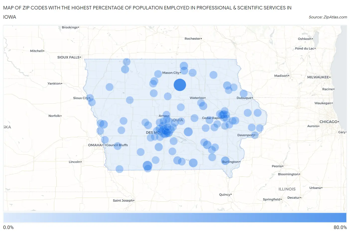 Zip Codes with the Highest Percentage of Population Employed in Professional & Scientific Services in Iowa Map