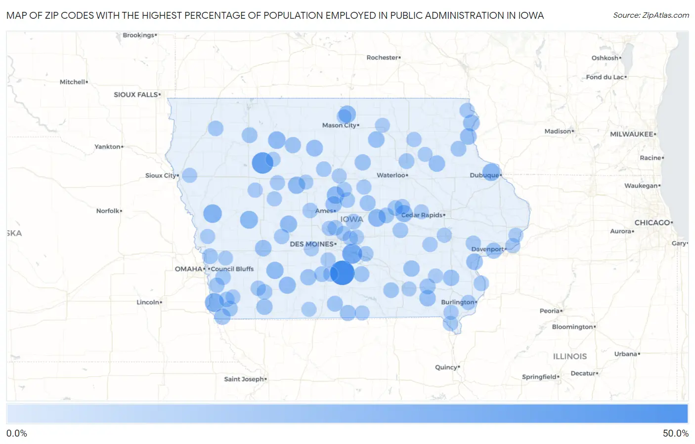 Zip Codes with the Highest Percentage of Population Employed in Public Administration in Iowa Map