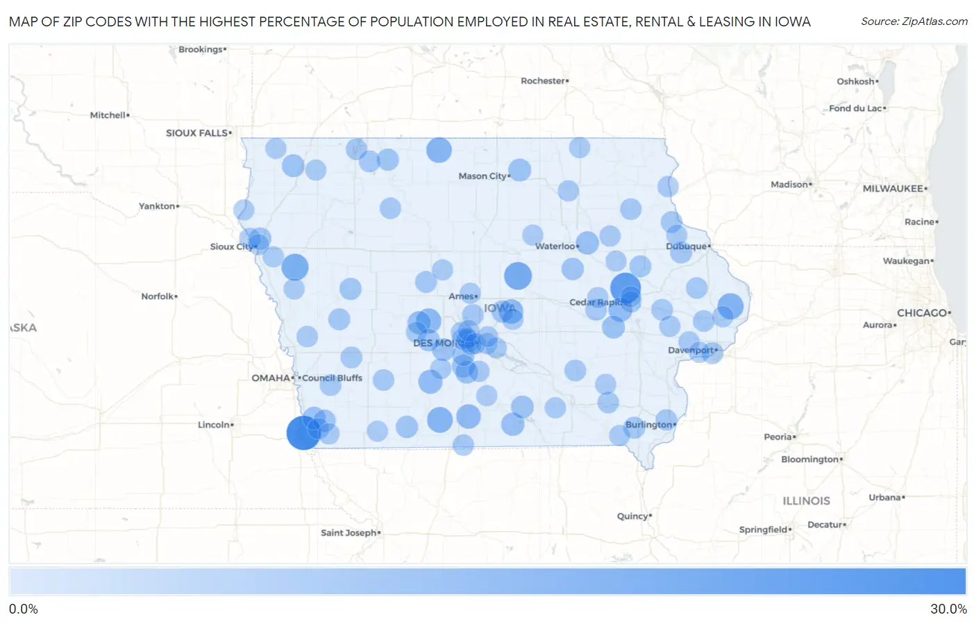 Zip Codes with the Highest Percentage of Population Employed in Real Estate, Rental & Leasing in Iowa Map