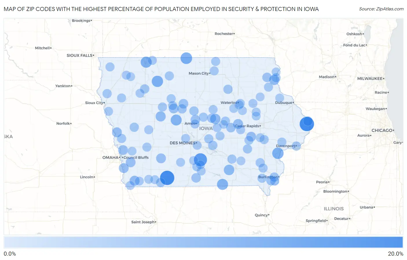 Zip Codes with the Highest Percentage of Population Employed in Security & Protection in Iowa Map
