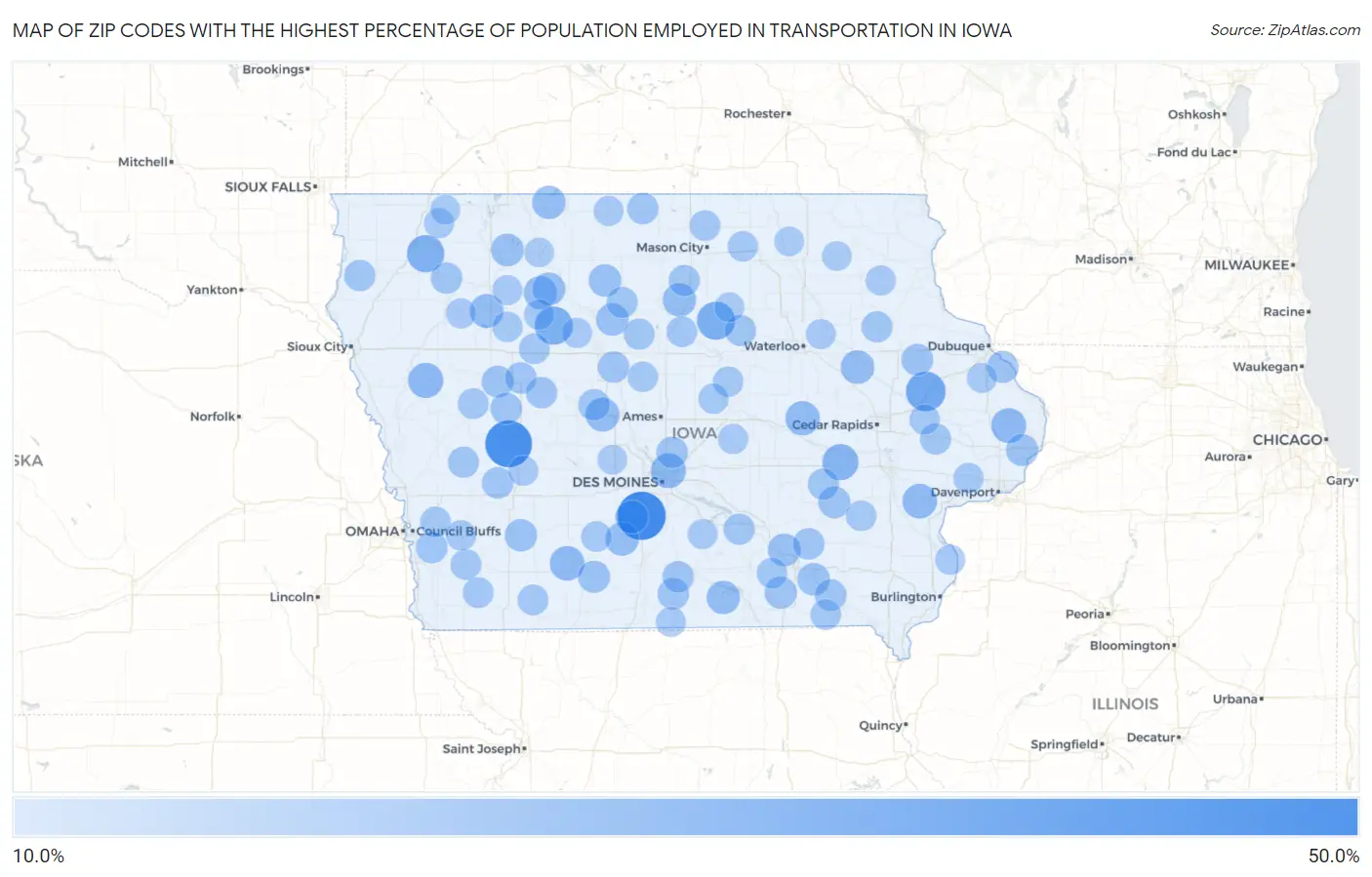 Zip Codes with the Highest Percentage of Population Employed in Transportation in Iowa Map