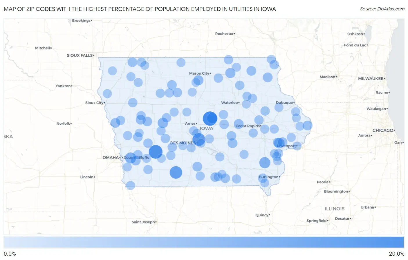 Zip Codes with the Highest Percentage of Population Employed in Utilities in Iowa Map