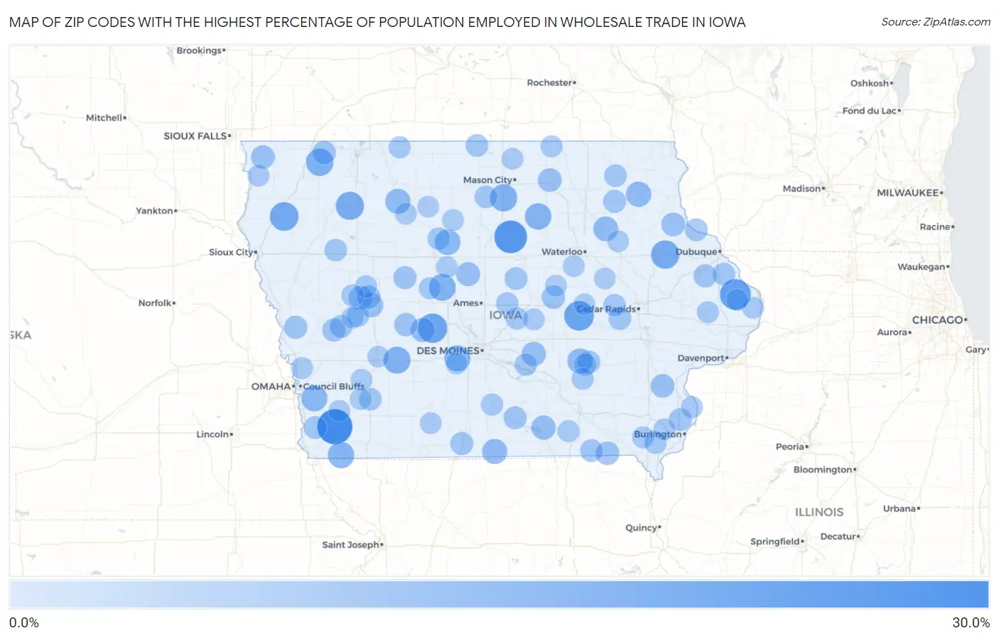 Zip Codes with the Highest Percentage of Population Employed in Wholesale Trade in Iowa Map