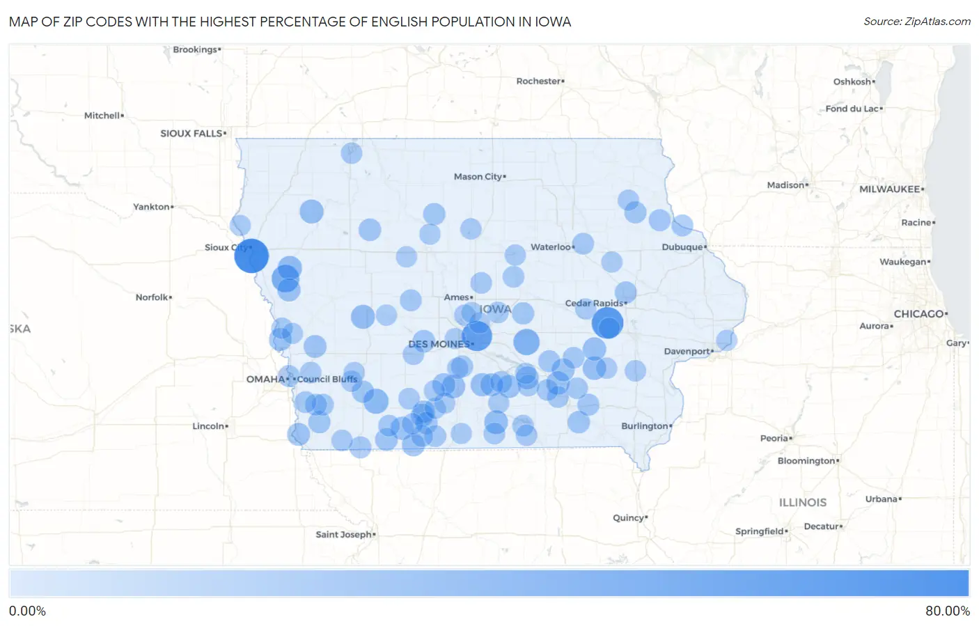 Zip Codes with the Highest Percentage of English Population in Iowa Map