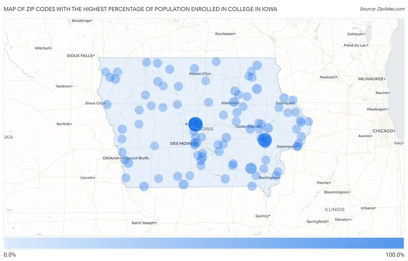 Zip Codes with the Highest Percentage of Population Enrolled in College in Iowa Map