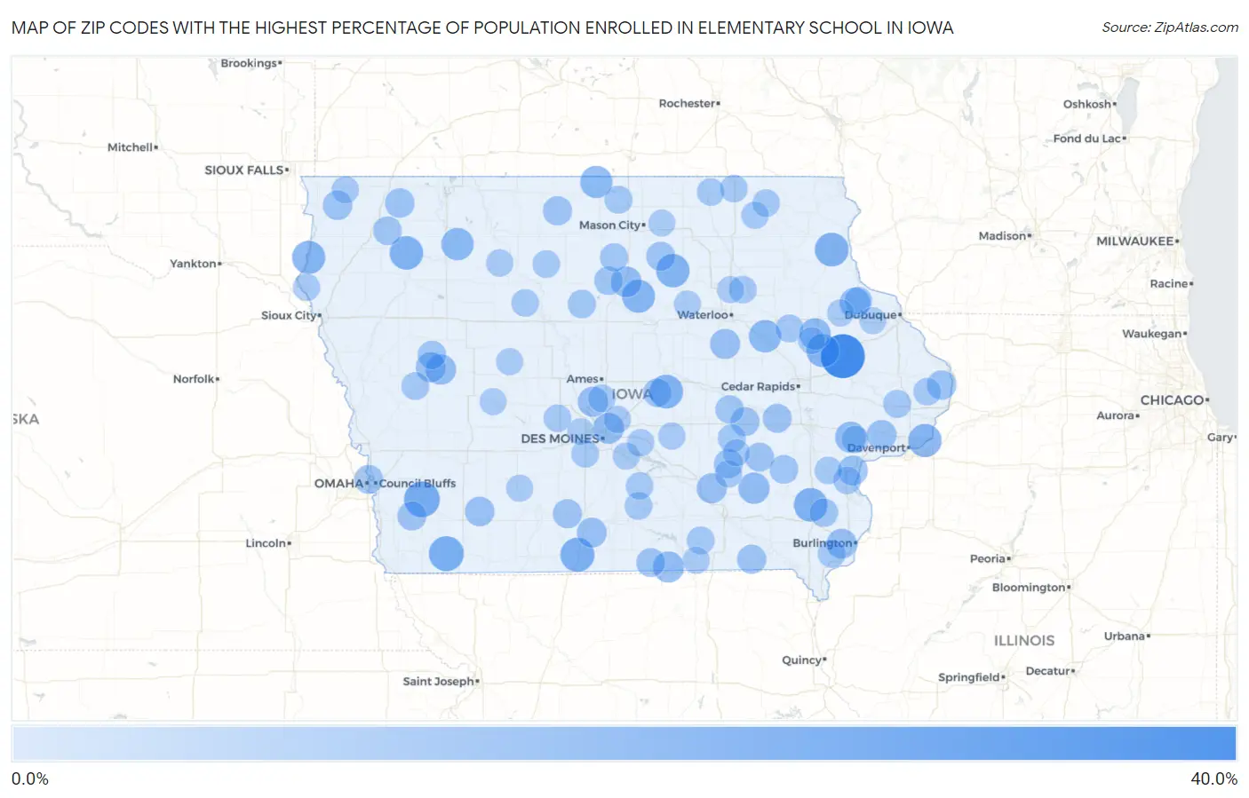 Zip Codes with the Highest Percentage of Population Enrolled in Elementary School in Iowa Map