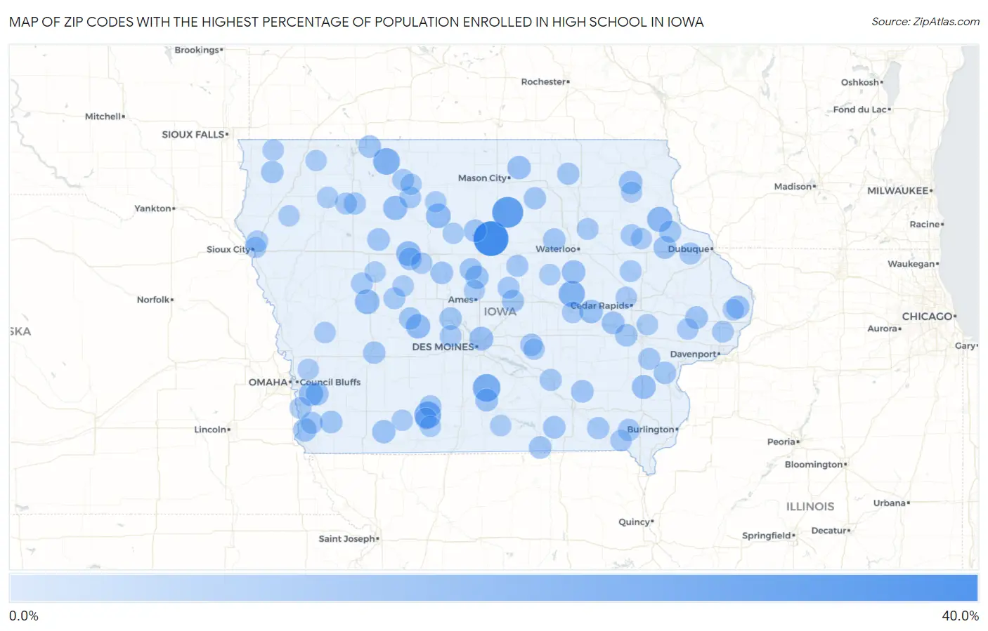 Zip Codes with the Highest Percentage of Population Enrolled in High School in Iowa Map