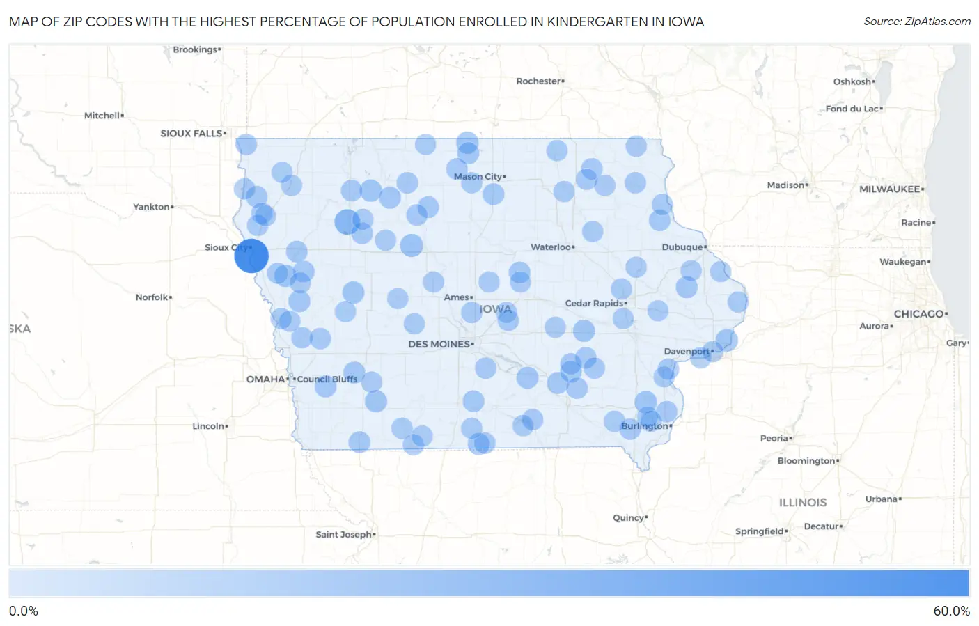 Zip Codes with the Highest Percentage of Population Enrolled in Kindergarten in Iowa Map
