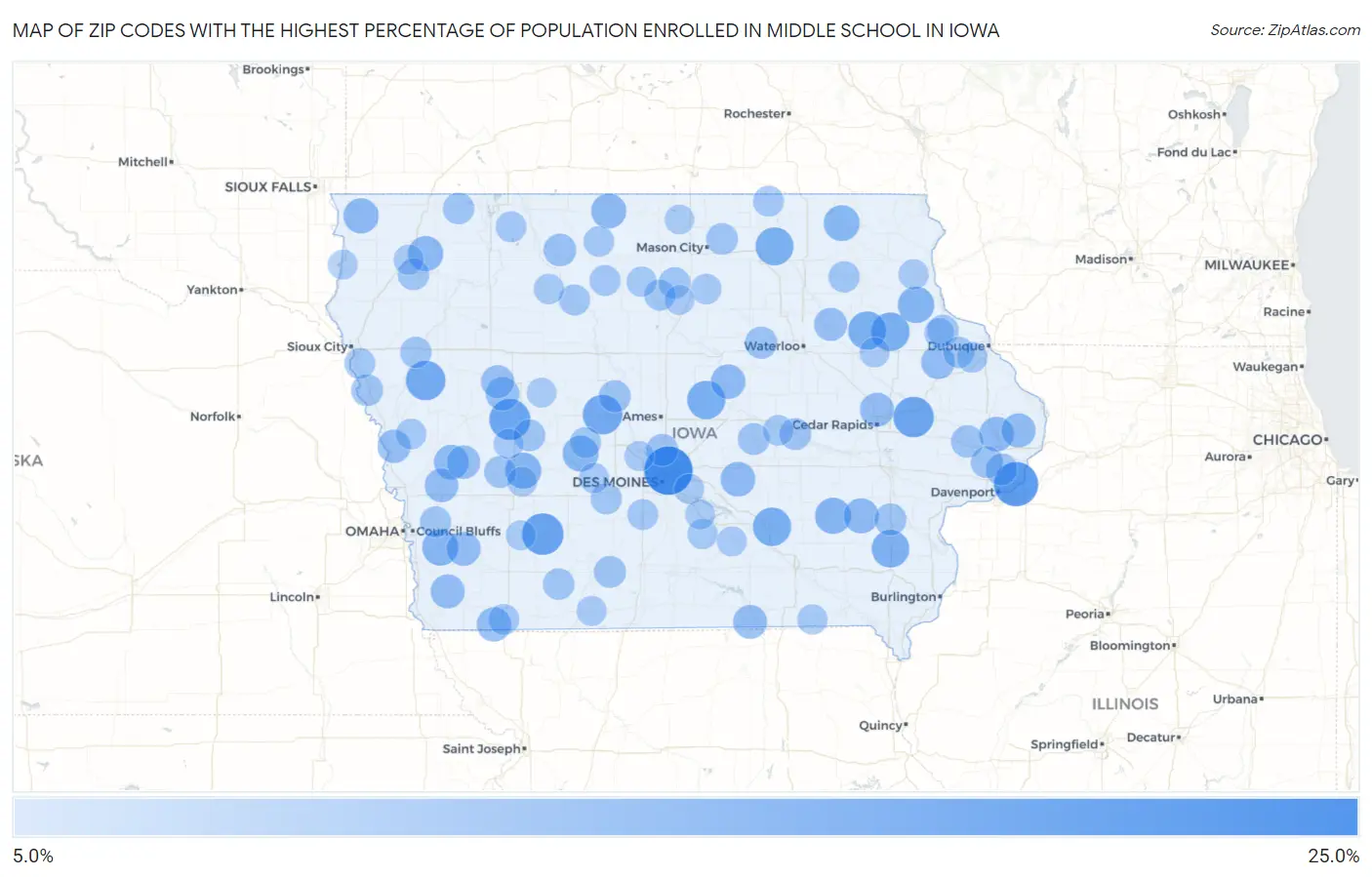 Zip Codes with the Highest Percentage of Population Enrolled in Middle School in Iowa Map