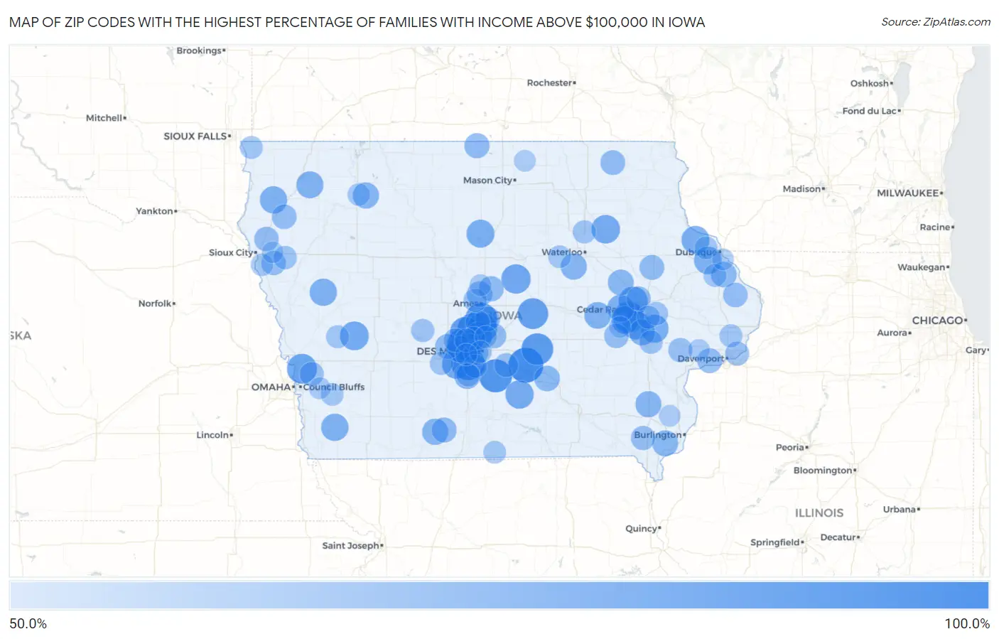 Zip Codes with the Highest Percentage of Families with Income Above $100,000 in Iowa Map