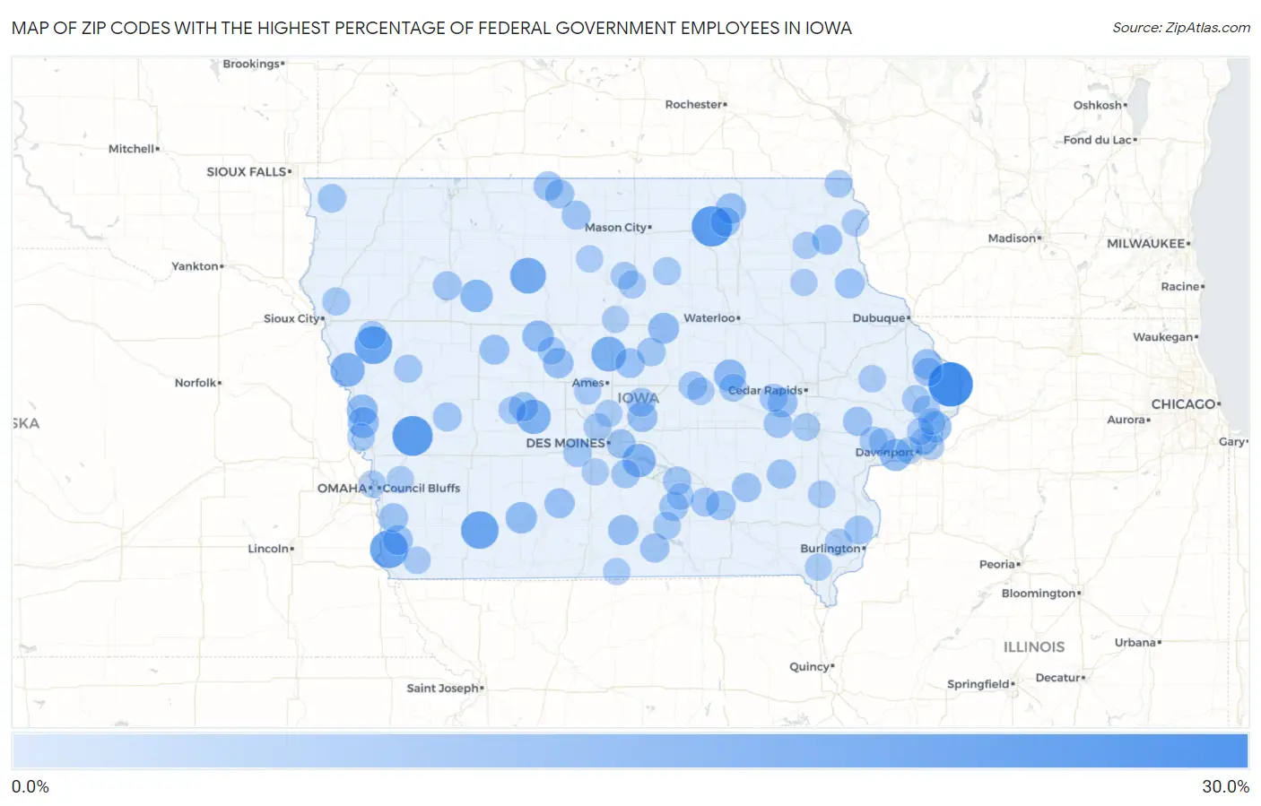 Zip Codes with the Highest Percentage of Federal Government Employees in Iowa Map