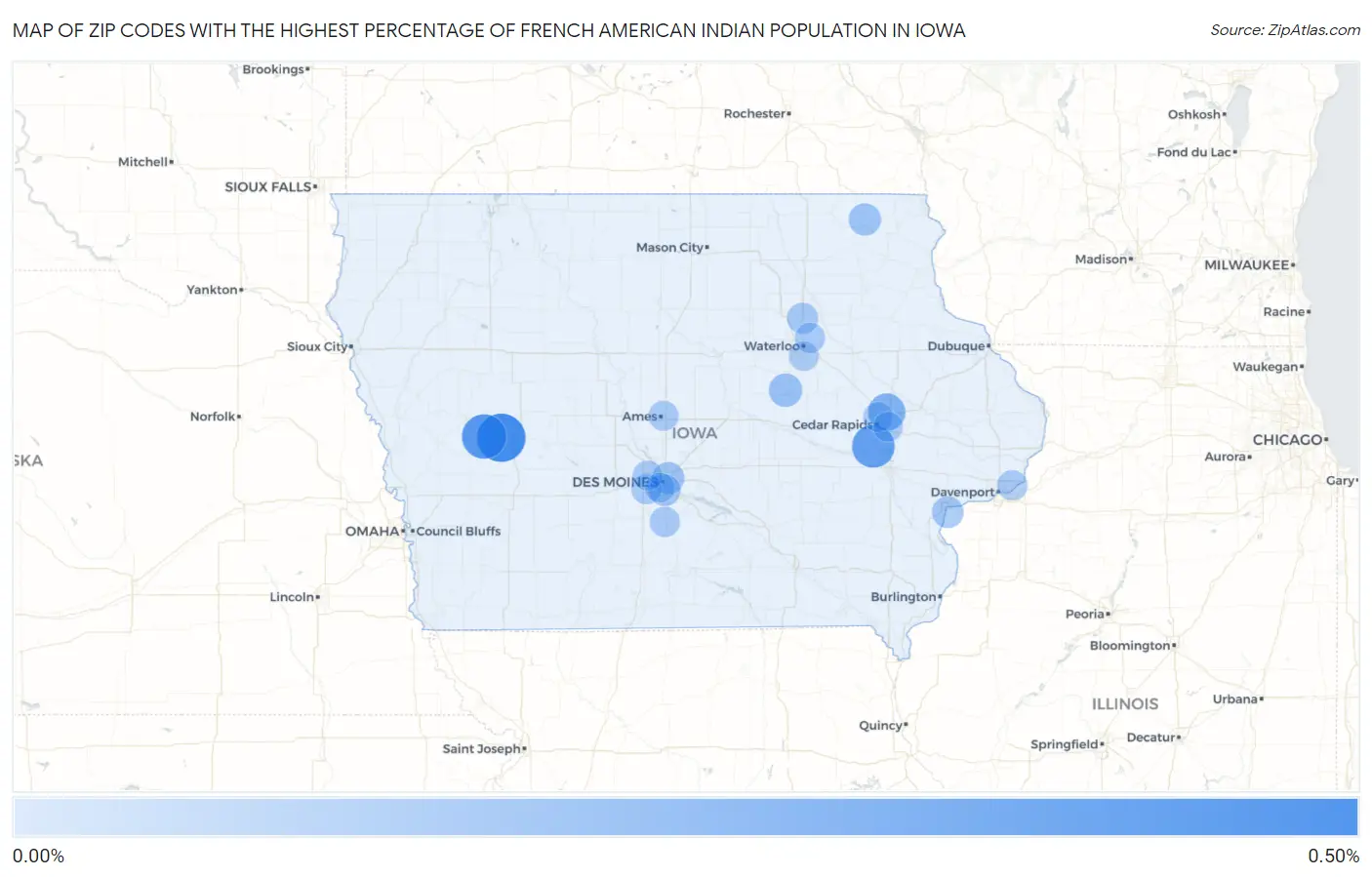 Zip Codes with the Highest Percentage of French American Indian Population in Iowa Map