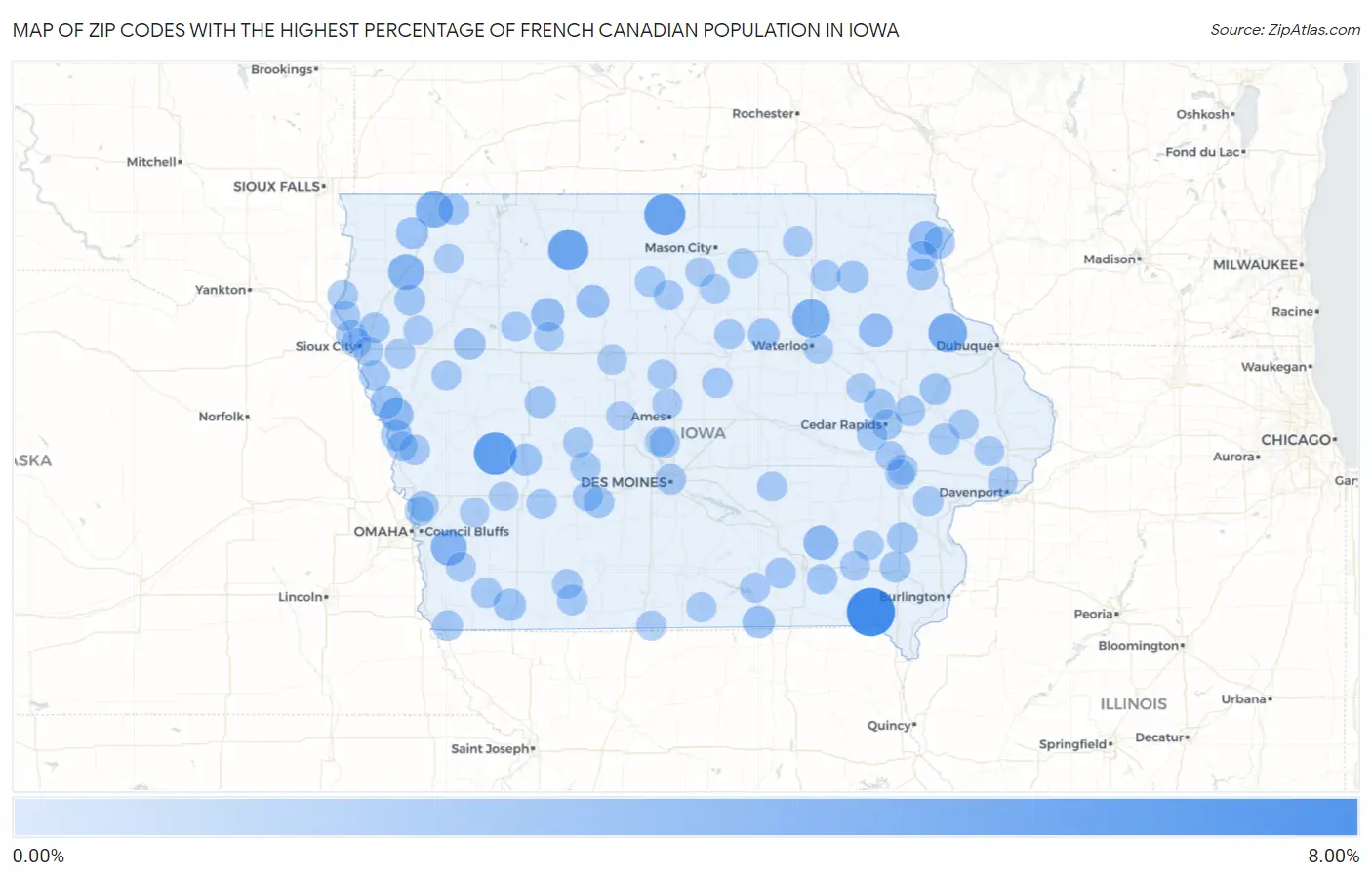 Zip Codes with the Highest Percentage of French Canadian Population in Iowa Map