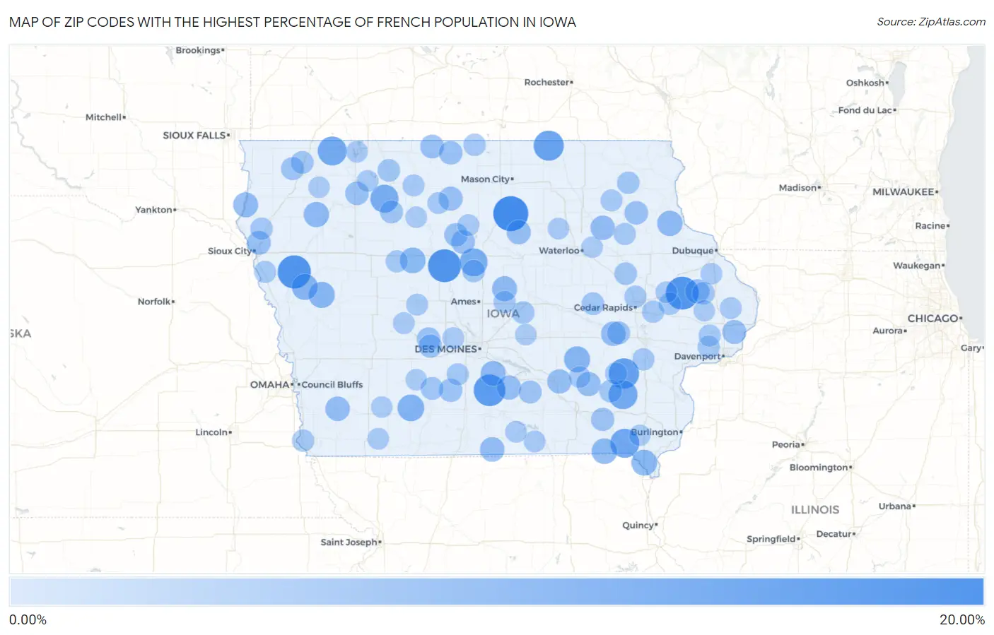 Zip Codes with the Highest Percentage of French Population in Iowa Map