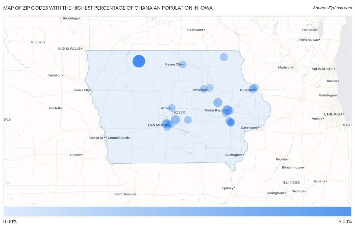 Zip Codes with the Highest Percentage of Ghanaian Population in Iowa Map