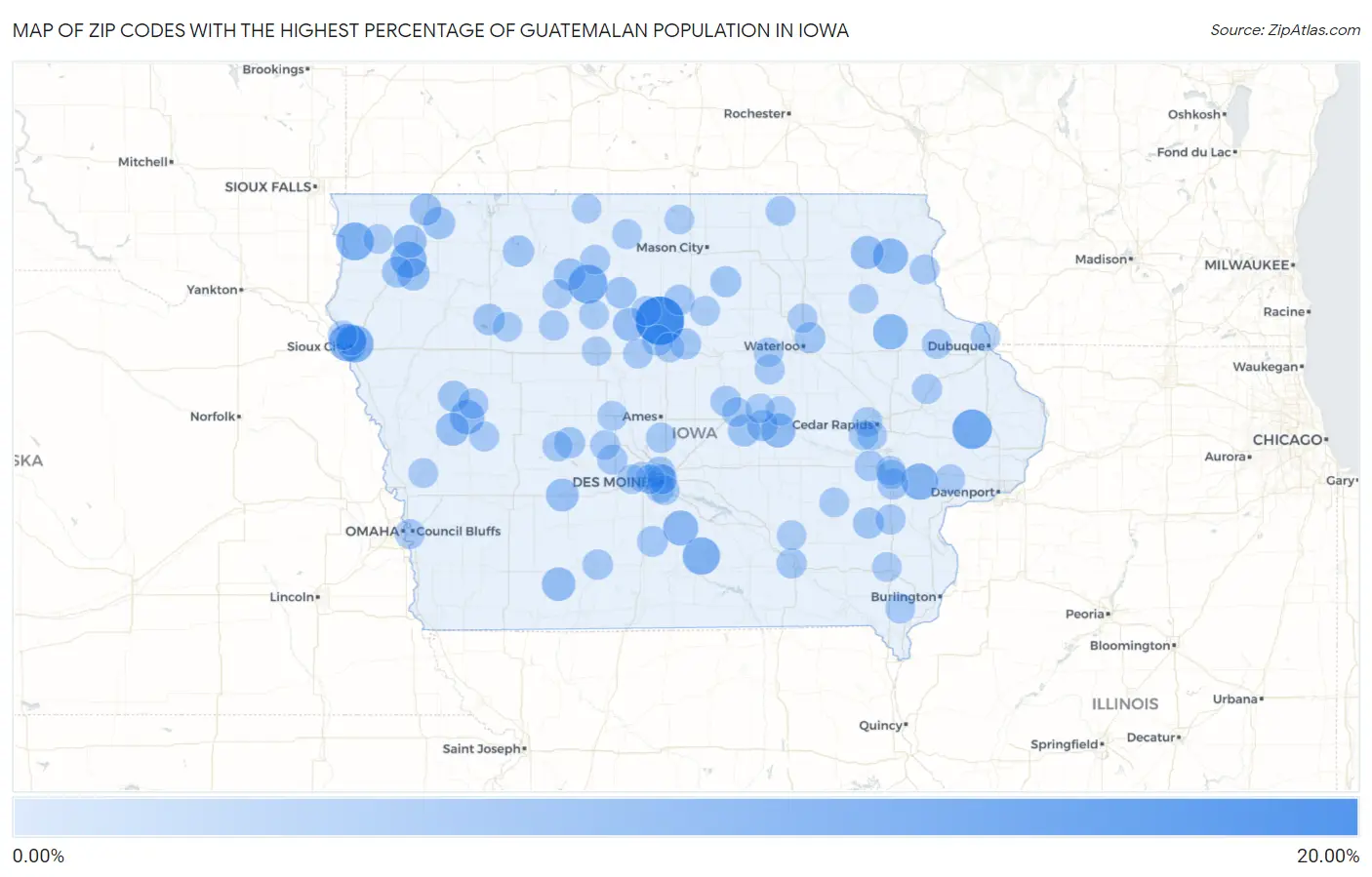 Zip Codes with the Highest Percentage of Guatemalan Population in Iowa Map
