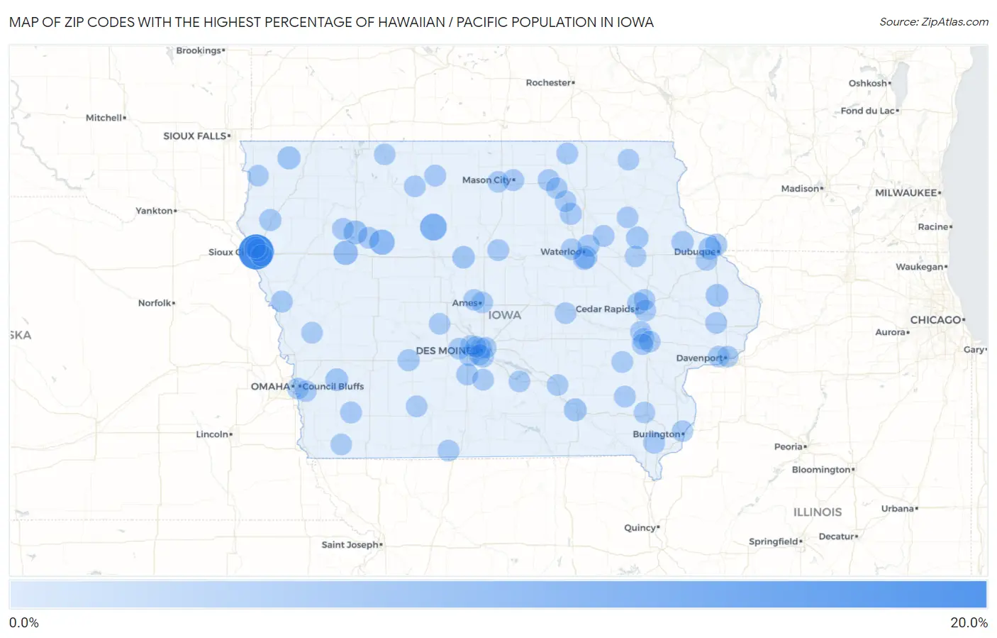 Zip Codes with the Highest Percentage of Hawaiian / Pacific Population in Iowa Map