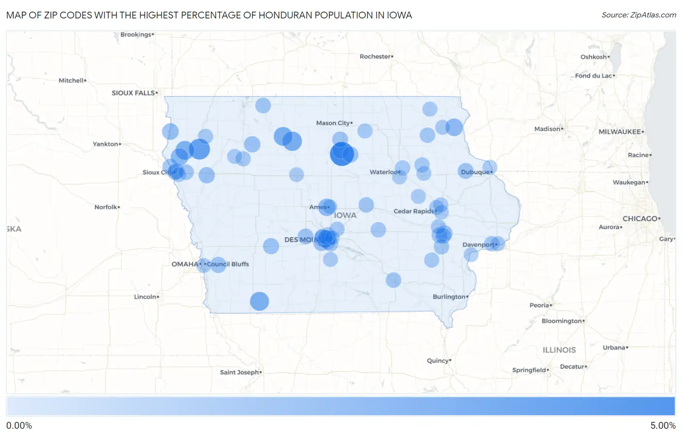 Zip Codes with the Highest Percentage of Honduran Population in Iowa Map