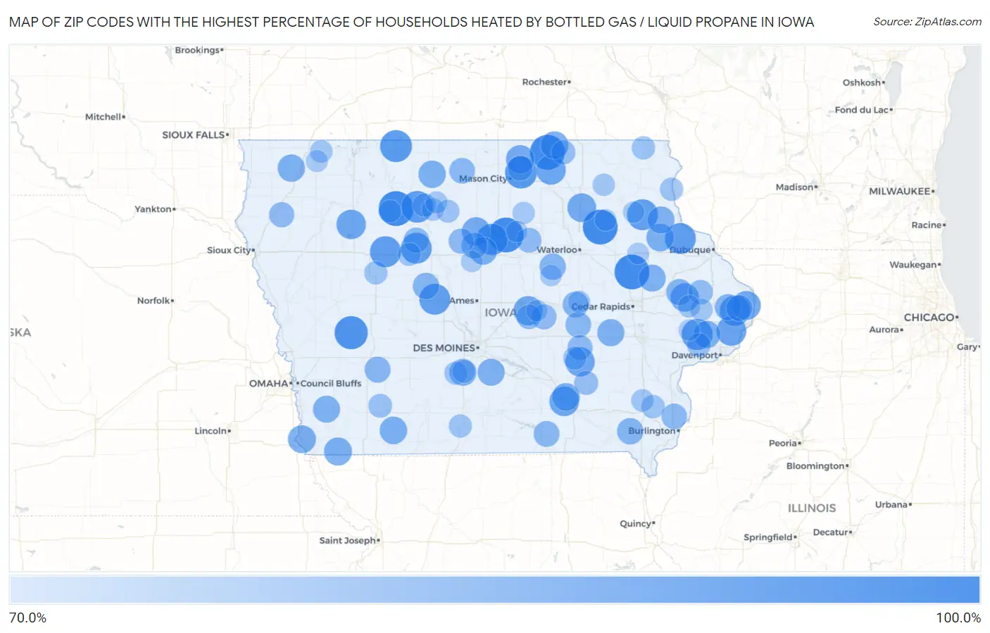 Zip Codes with the Highest Percentage of Households Heated by Bottled Gas / Liquid Propane in Iowa Map
