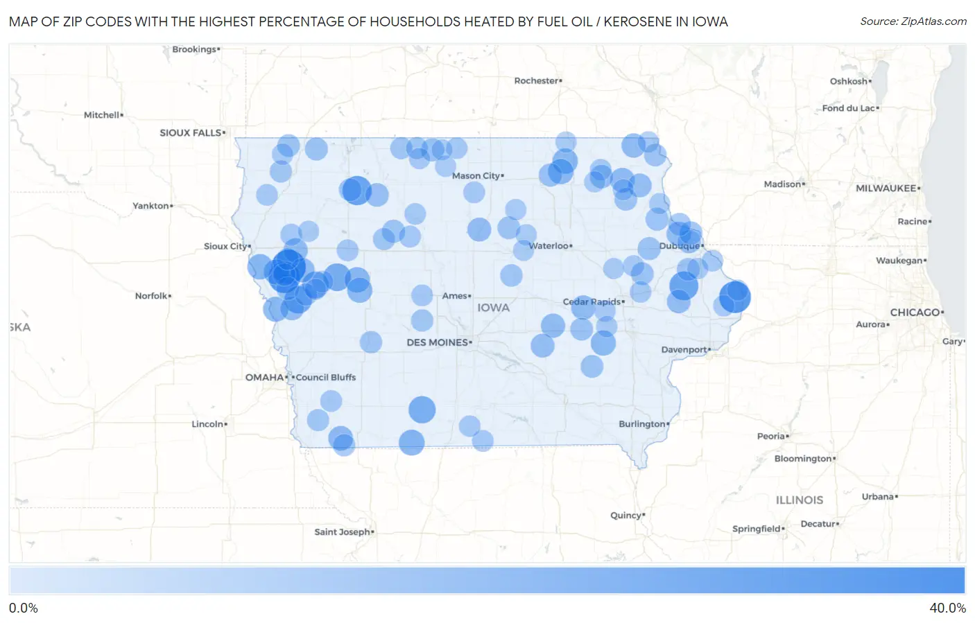 Zip Codes with the Highest Percentage of Households Heated by Fuel Oil / Kerosene in Iowa Map