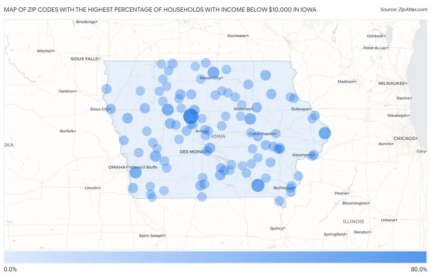 Zip Codes with the Highest Percentage of Households with Income Below $10,000 in Iowa Map