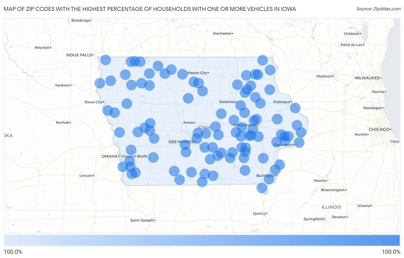 Zip Codes with the Highest Percentage of Households With One or more Vehicles in Iowa Map
