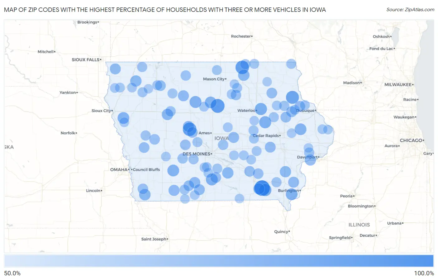 Zip Codes with the Highest Percentage of Households With Three or more Vehicles in Iowa Map