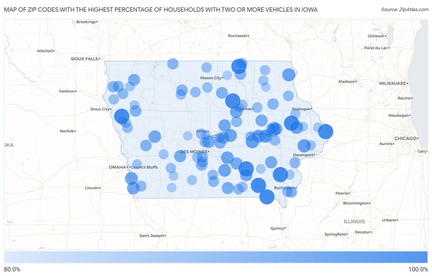 Zip Codes with the Highest Percentage of Households With Two or more Vehicles in Iowa Map