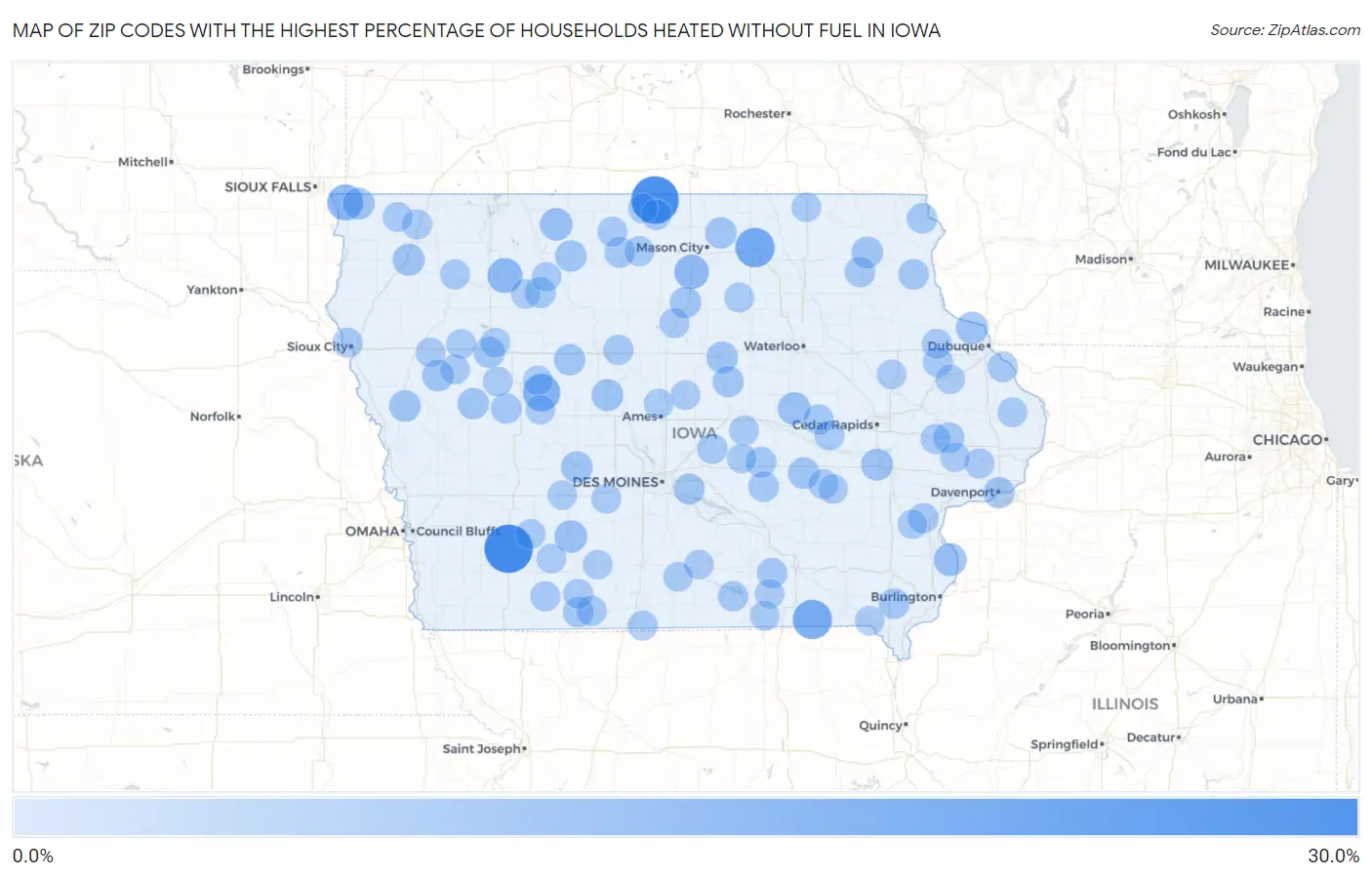 Zip Codes with the Highest Percentage of Households Heated without Fuel in Iowa Map