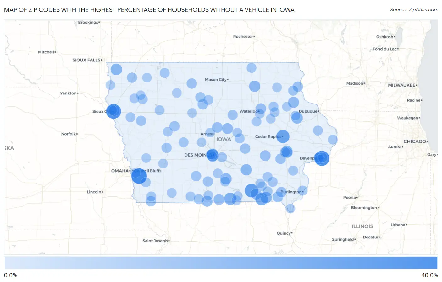 Zip Codes with the Highest Percentage of Households Without a Vehicle in Iowa Map