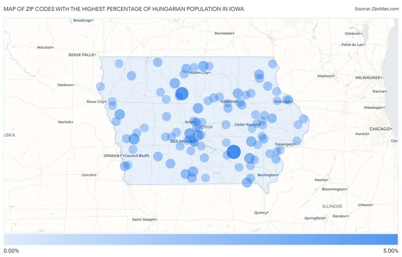 Zip Codes with the Highest Percentage of Hungarian Population in Iowa Map