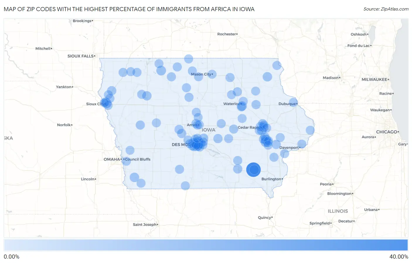 Zip Codes with the Highest Percentage of Immigrants from Africa in Iowa Map