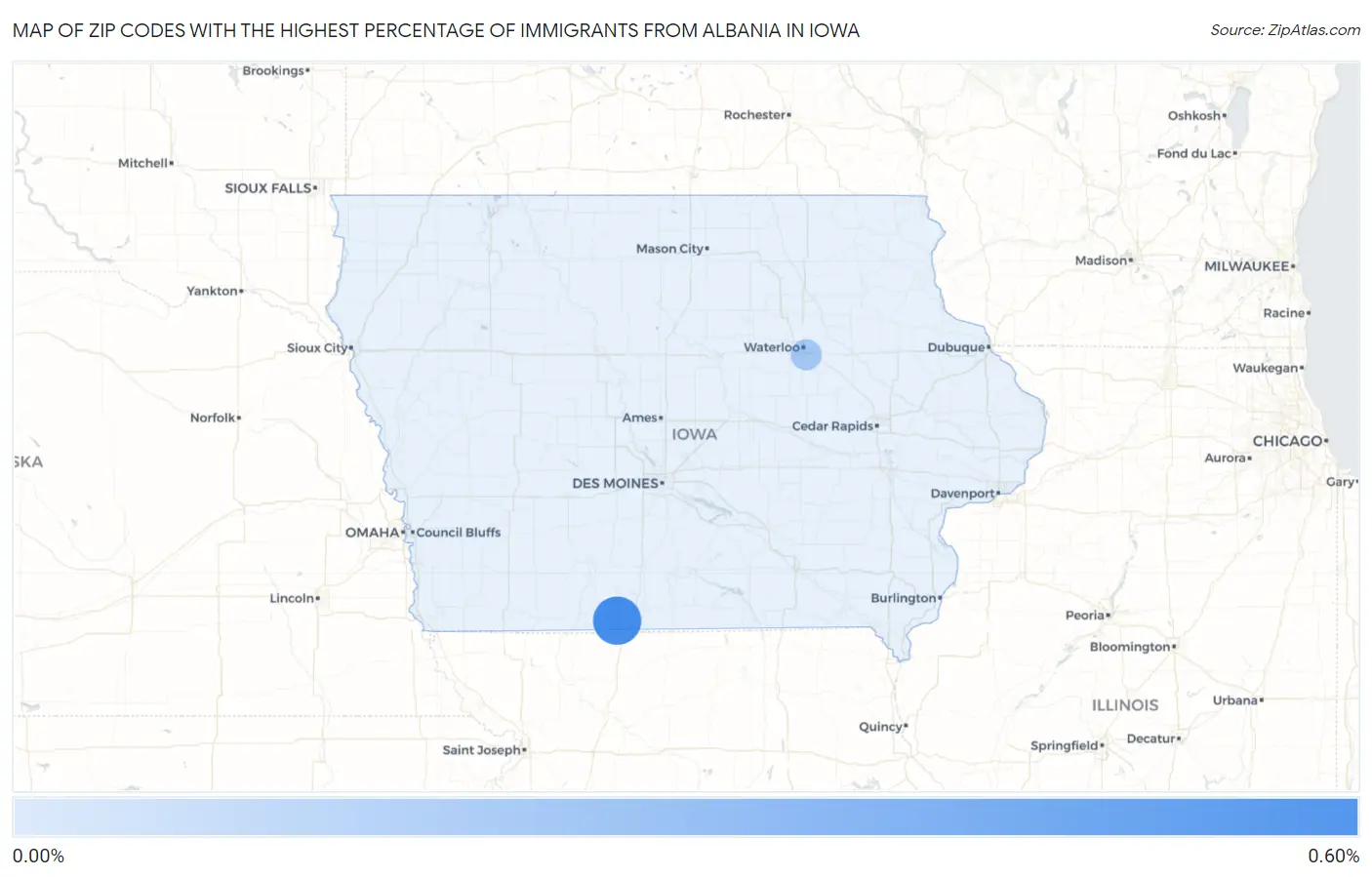 Zip Codes with the Highest Percentage of Immigrants from Albania in Iowa Map