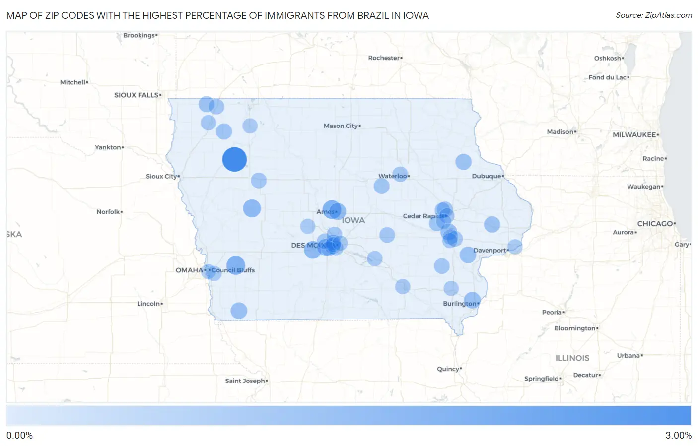 Zip Codes with the Highest Percentage of Immigrants from Brazil in Iowa Map