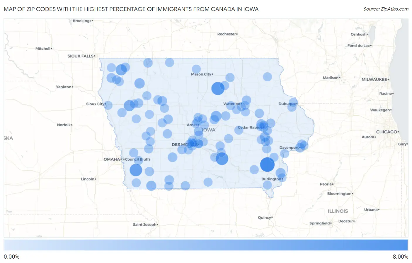 Zip Codes with the Highest Percentage of Immigrants from Canada in Iowa Map