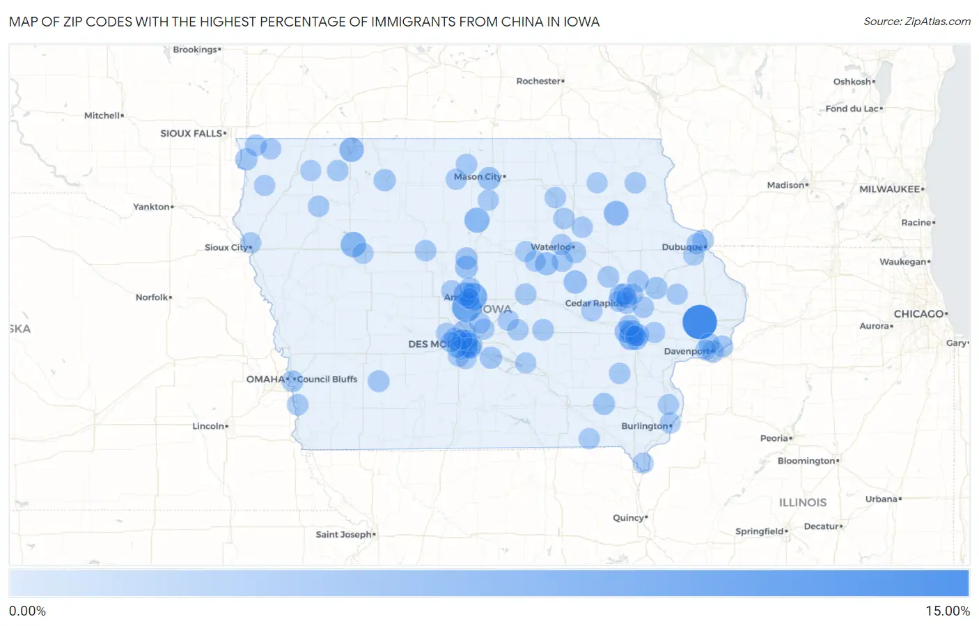 Zip Codes with the Highest Percentage of Immigrants from China in Iowa Map