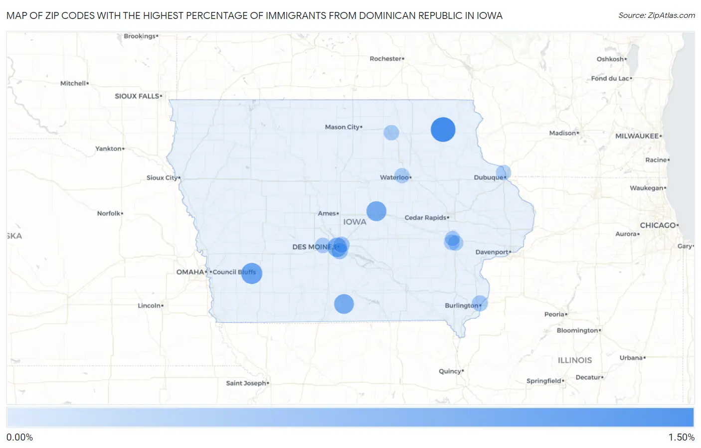 Zip Codes with the Highest Percentage of Immigrants from Dominican Republic in Iowa Map