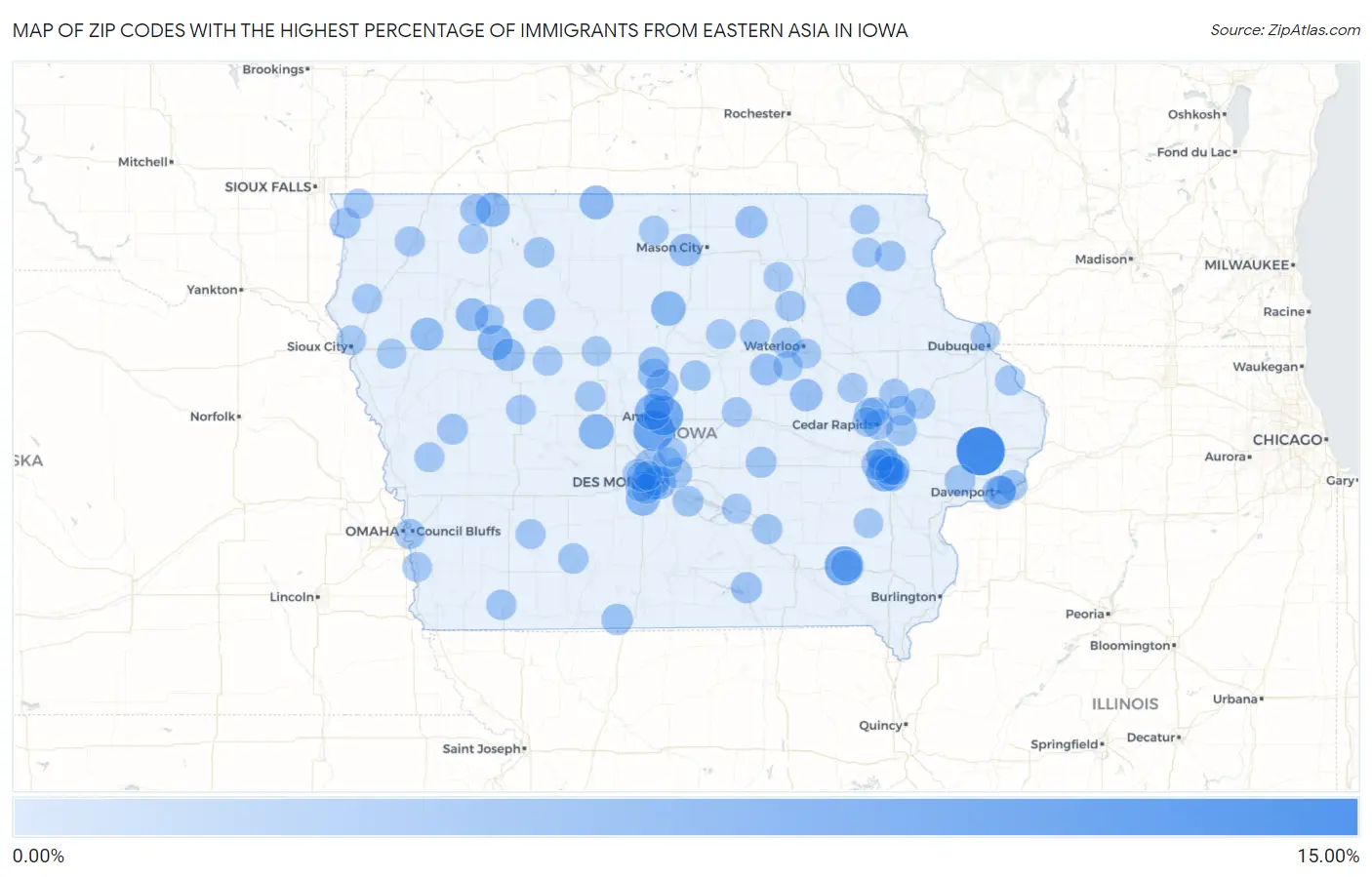 Zip Codes with the Highest Percentage of Immigrants from Eastern Asia in Iowa Map
