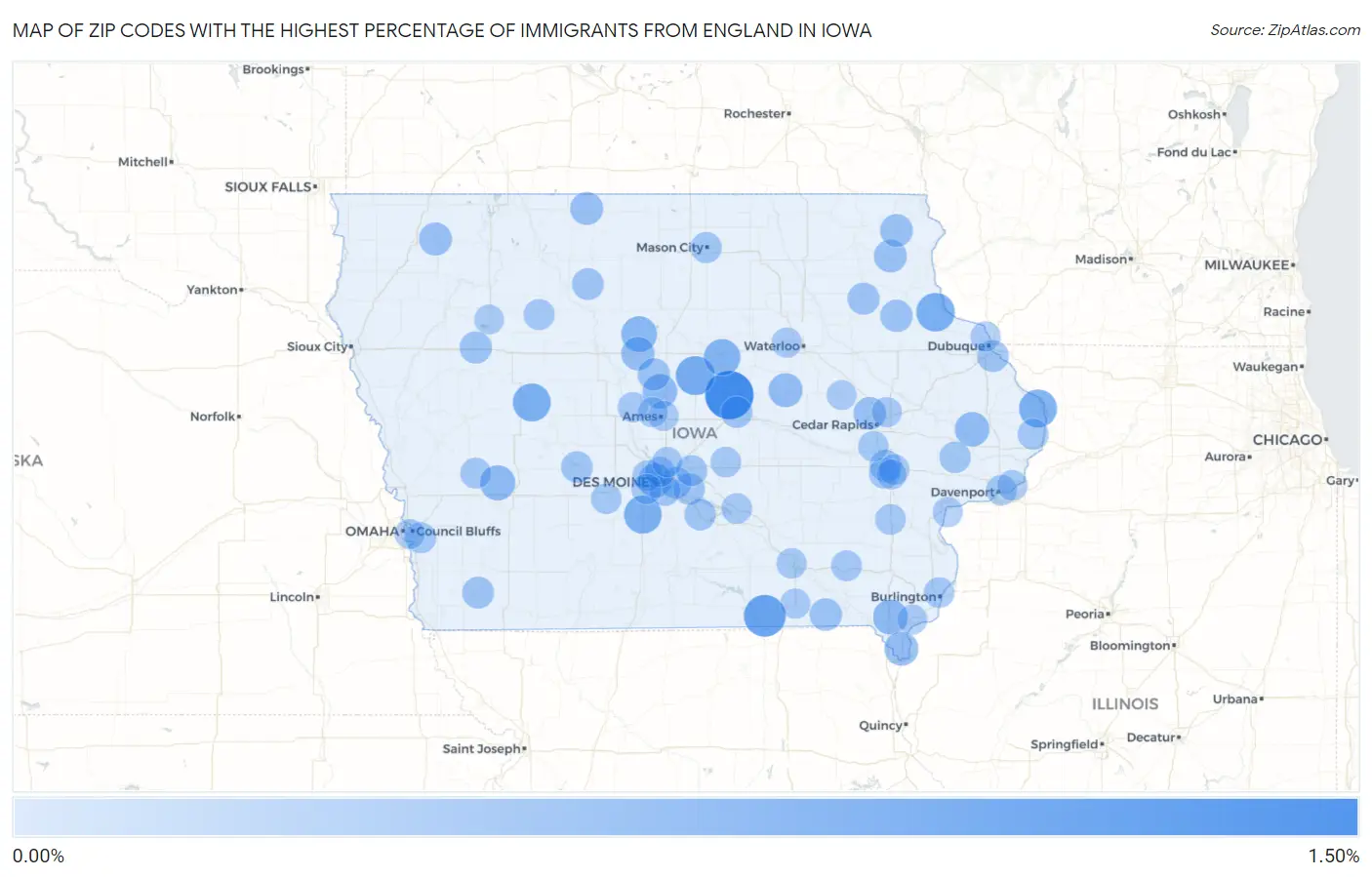 Zip Codes with the Highest Percentage of Immigrants from England in Iowa Map