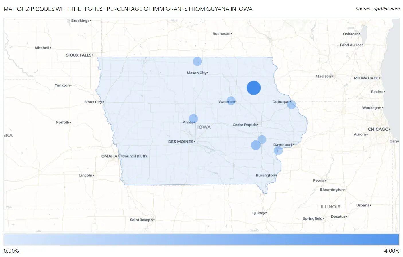 Zip Codes with the Highest Percentage of Immigrants from Guyana in Iowa Map