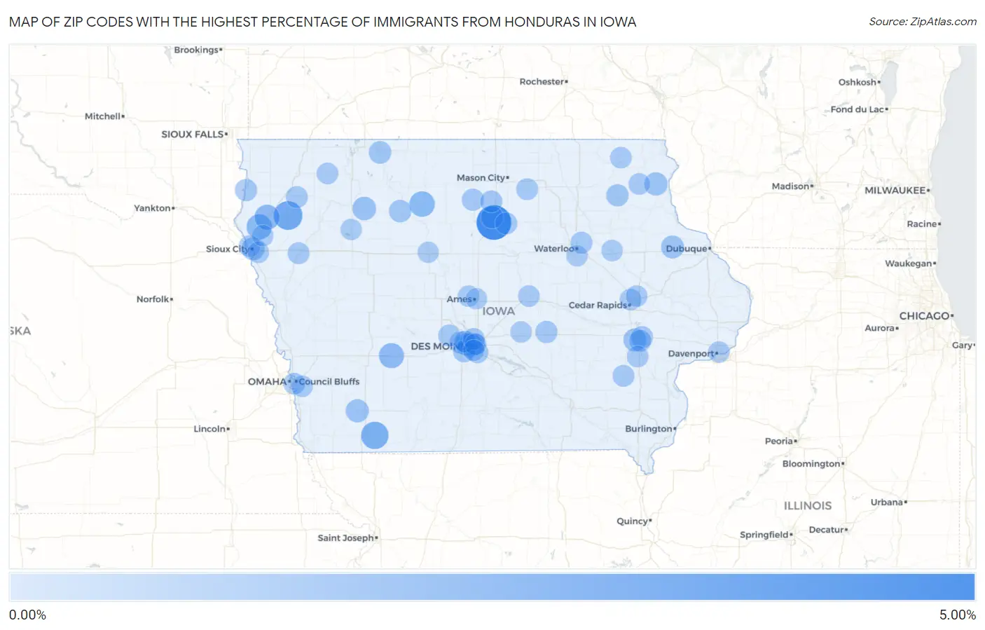 Zip Codes with the Highest Percentage of Immigrants from Honduras in Iowa Map