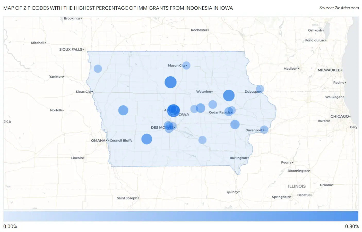 Zip Codes with the Highest Percentage of Immigrants from Indonesia in Iowa Map
