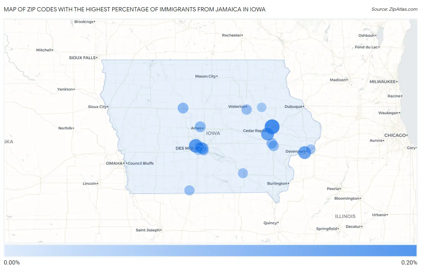 Zip Codes with the Highest Percentage of Immigrants from Jamaica in Iowa Map
