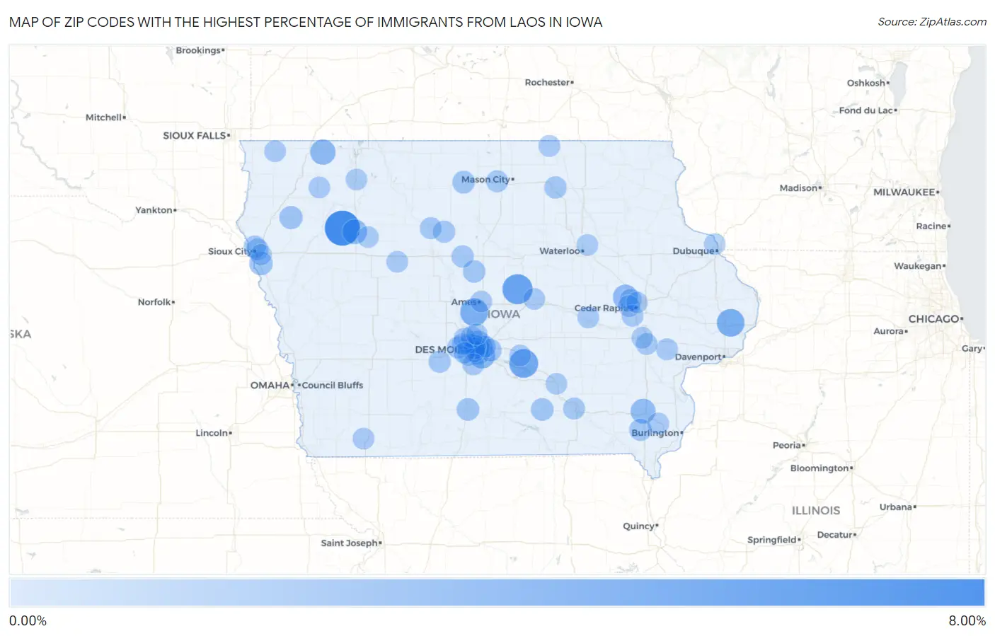 Zip Codes with the Highest Percentage of Immigrants from Laos in Iowa Map