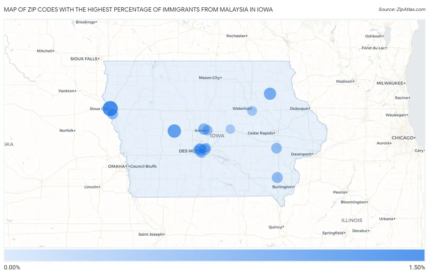 Zip Codes with the Highest Percentage of Immigrants from Malaysia in Iowa Map