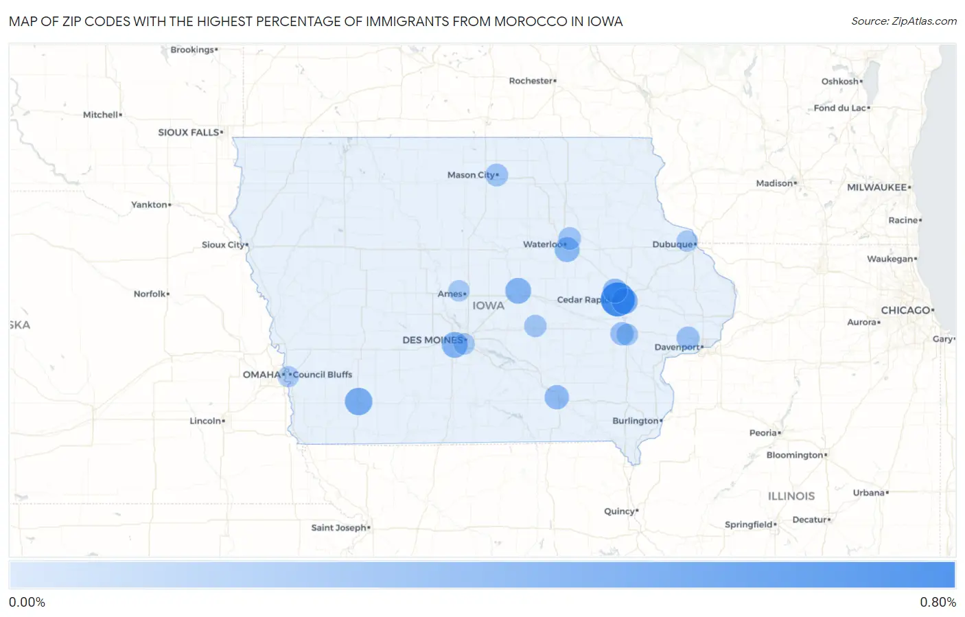 Zip Codes with the Highest Percentage of Immigrants from Morocco in Iowa Map
