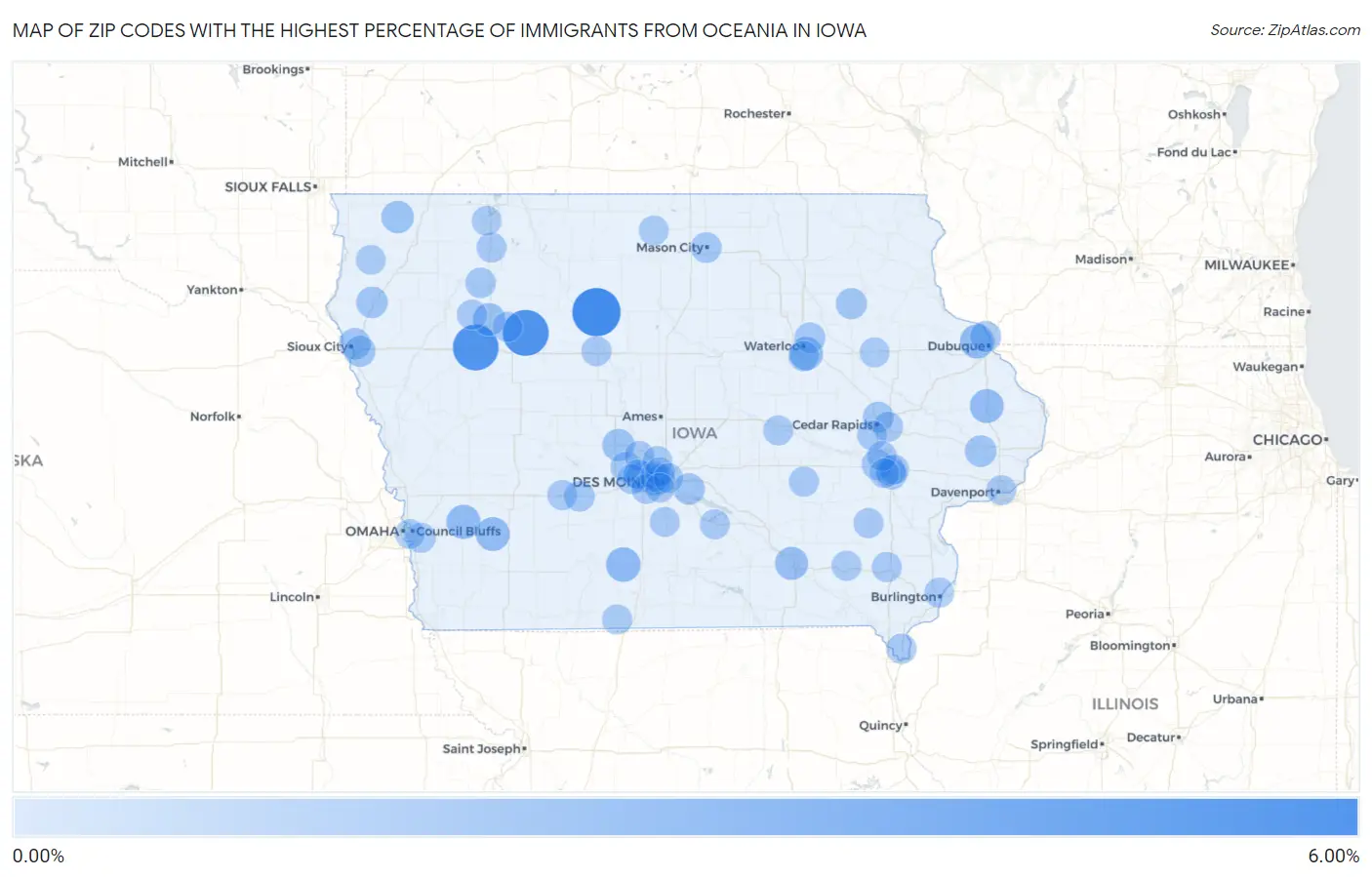 Zip Codes with the Highest Percentage of Immigrants from Oceania in Iowa Map