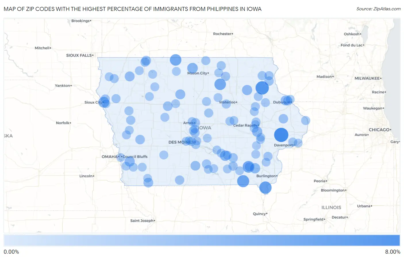 Zip Codes with the Highest Percentage of Immigrants from Philippines in Iowa Map