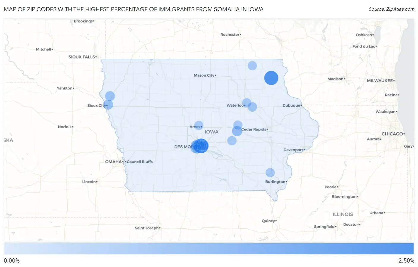 Zip Codes with the Highest Percentage of Immigrants from Somalia in Iowa Map